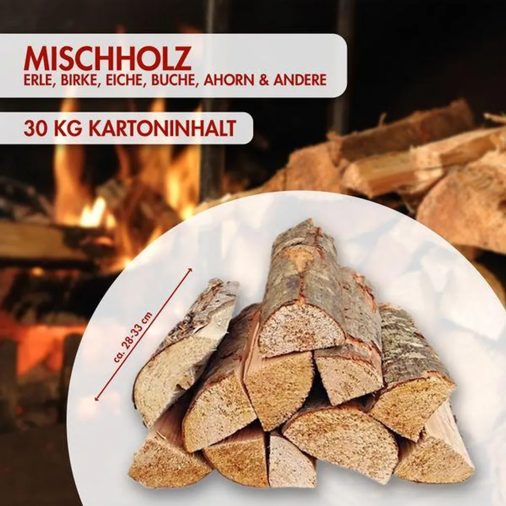 Mischholz-Kaminholz, 30 kg, ca. 28–33 cm, max. 25 % Holzfeuchte für Kamin und Ofen – Ansicht 2